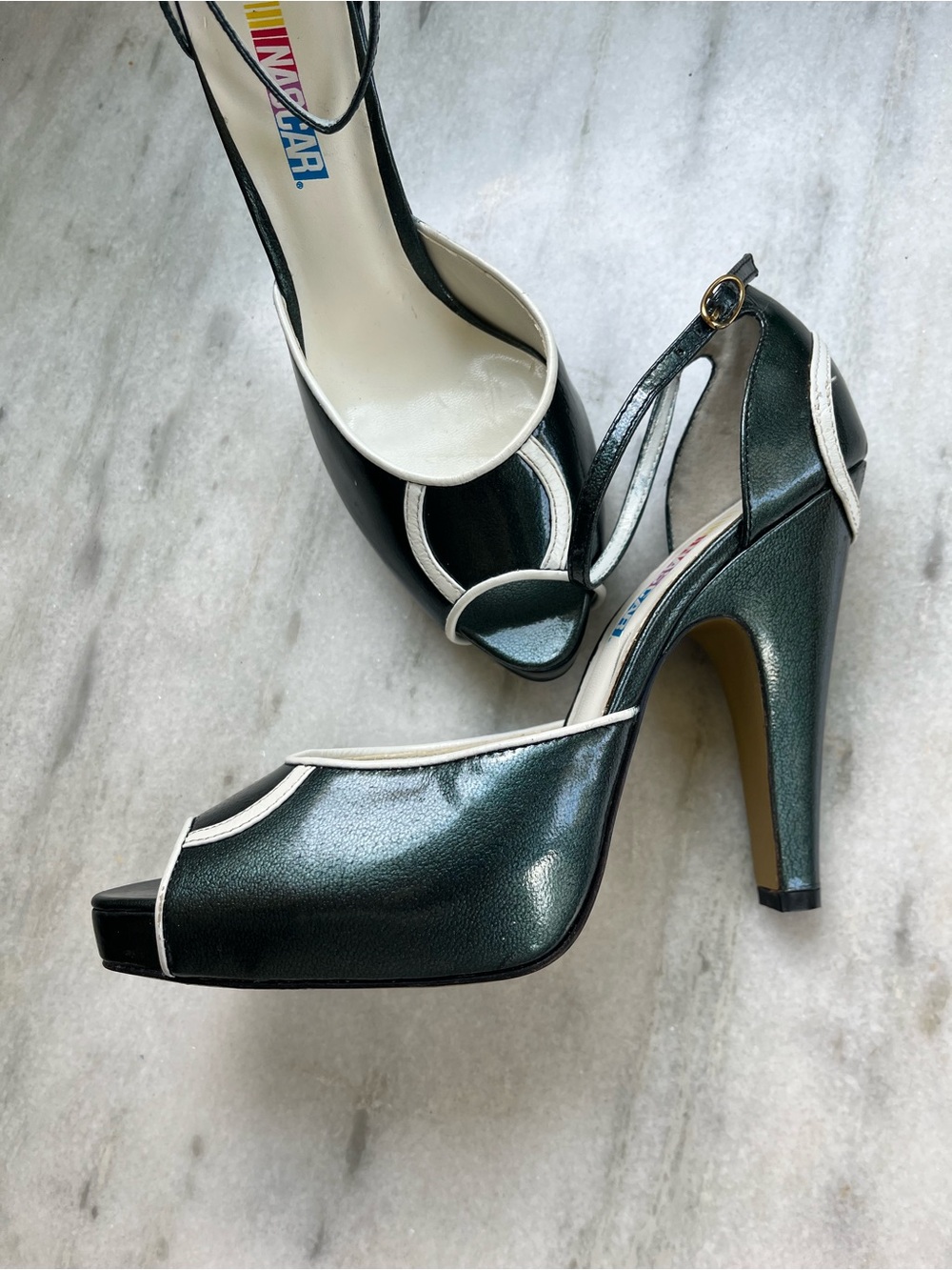 Nascar Dark Green Peep-Toe Ankle Strap Heels with White Trim - Picture 6 of 15